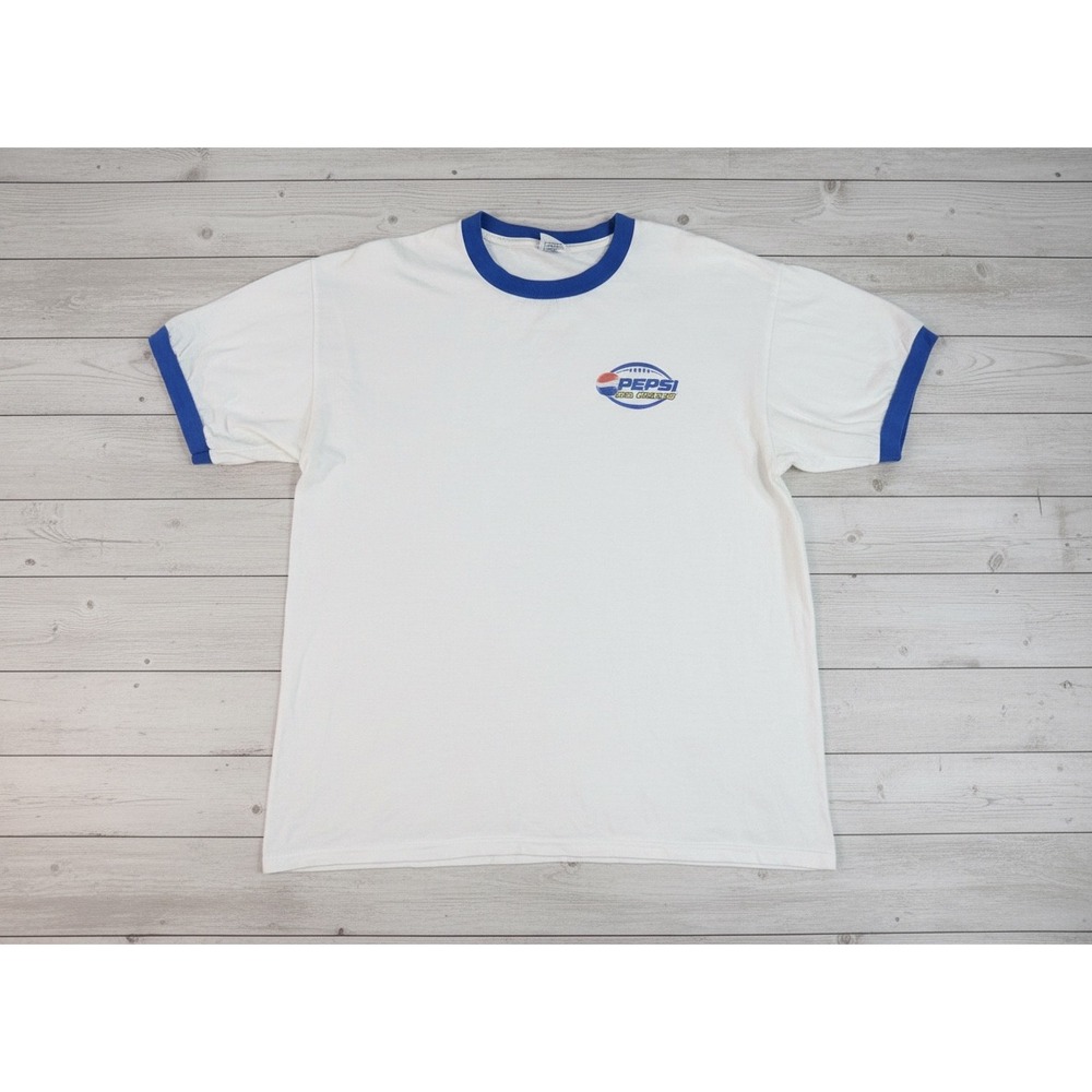Vintage Men's XL Anvil Pepsi NFL Kickoff Ringer White & Blue Short Sleeve Tee